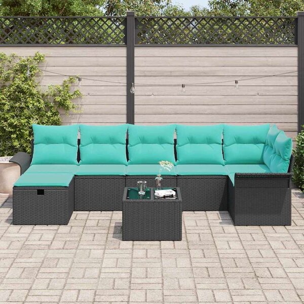 VidaXL Kerti Kanapé Szett párnával tárolóval 8 pcs Fekete Poli rattan