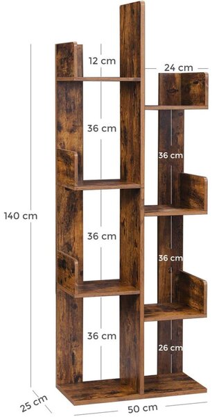 Könyvespolc, tárolópolc, rusztikus barna 50x25x140cm