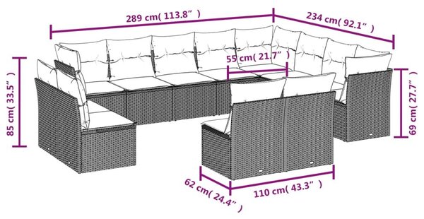 VidaXL 12 db fekete polyrattan kerti kanapégarnitúra párnákkal