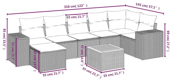 VidaXL 8 db fekete polyrattan kerti kanapégarnitúra párnákkal