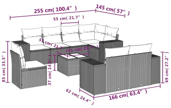 VidaXL 9 db fekete polyrattan kerti kanapégarnitúra párnákkal
