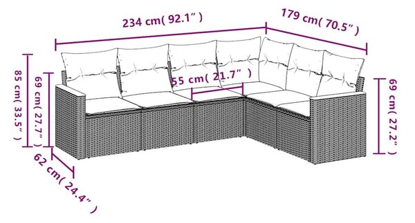 VidaXL 6 db fekete polyrattan kerti kanapégarnitúra párnákkal