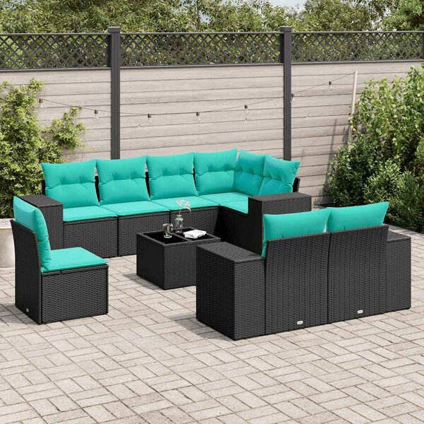 VidaXL 9 db fekete polyrattan kerti kanapégarnitúra párnákkal