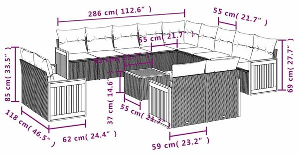 VidaXL 14 db fekete polyrattan kerti kanapégarnitúra párnákkal