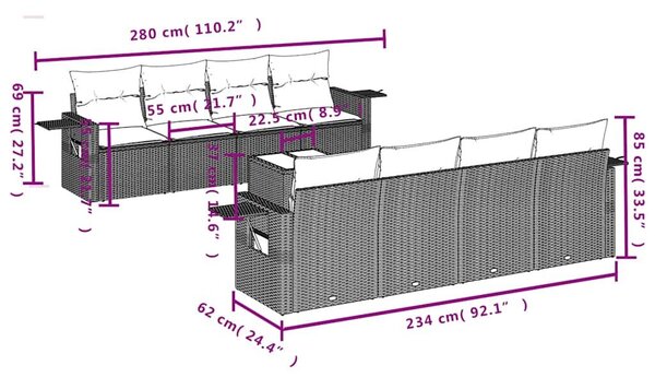 VidaXL 9 db szürke polyrattan kerti kanapégarnitúra párnákkal