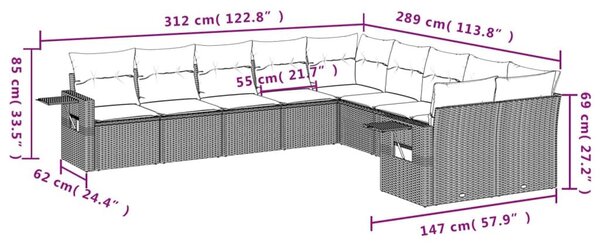 VidaXL 10 db fekete polyrattan kerti kanapégarnitúra párnákkal