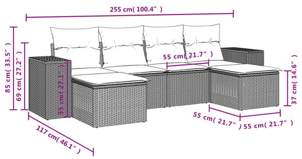 VidaXL 6 db fekete polyrattan kerti kanapégarnitúra párnákkal