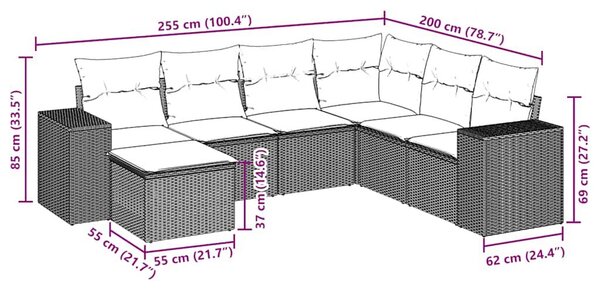 VidaXL 7 db szürke polyrattan kerti kanapégarnitúra párnákkal