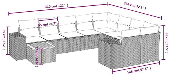 VidaXL 10 db fekete polyrattan kerti kanapégarnitúra párnákkal