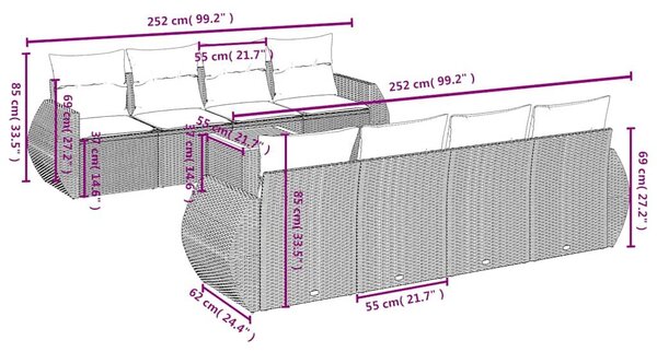 VidaXL 9 db fekete polyrattan kerti kanapégarnitúra párnákkal