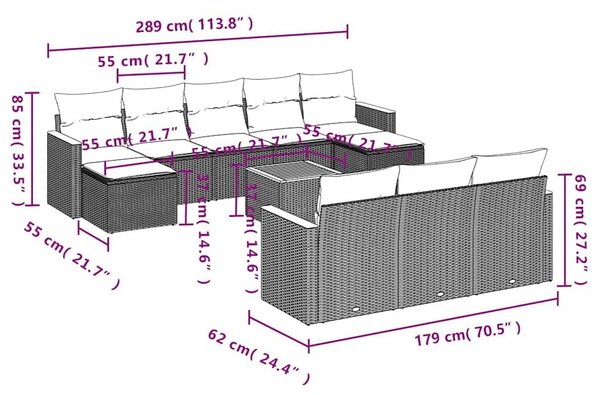 VidaXL 11 db fekete polyrattan kerti kanapégarnitúra párnákkal
