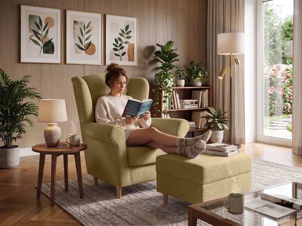 LOFT füles fotel lábtartóval - sárga