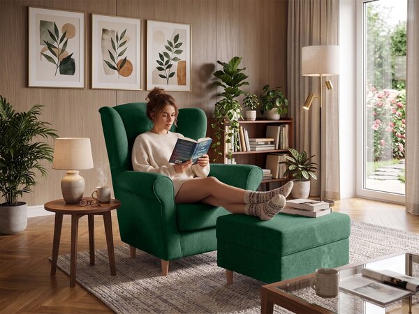 LOFT füles fotel lábtartóval - zöld