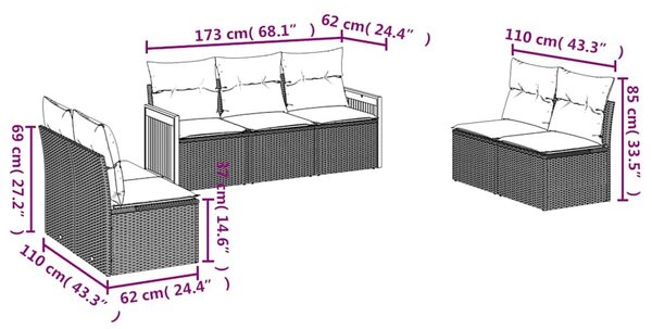 VidaXL 7 db fekete polyrattan kerti kanapégarnitúra párnákkal