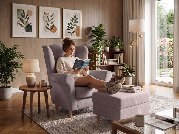 LOFT füles fotel lábtartóval - rózsaszín
