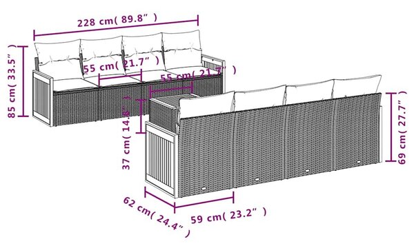 VidaXL 9 db szürke polyrattan kerti kanapégarnitúra párnákkal