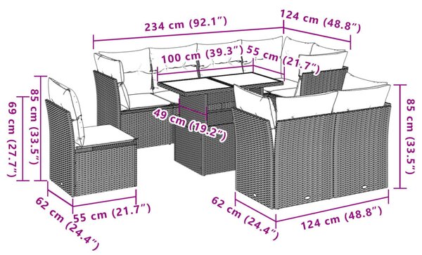 VidaXL 9 db szürke polyrattan kerti kanapégarnitúra párnákkal