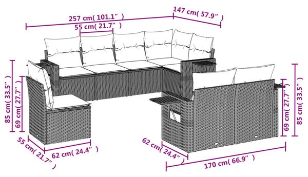 VidaXL 8 db szürke polyrattan kerti kanapégarnitúra párnákkal