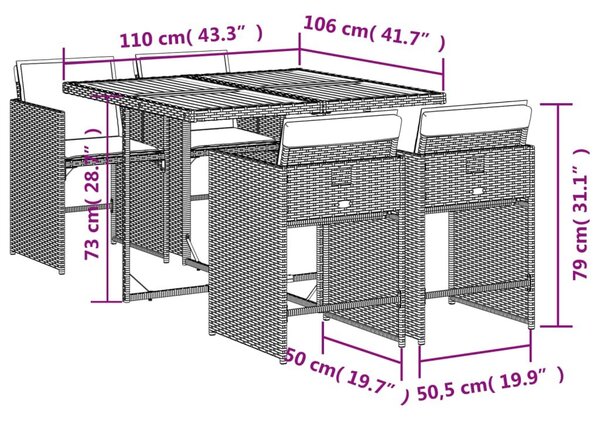 VidaXL 5 db szürke polyrattan kerti étkezőgarnitúra párnákkal