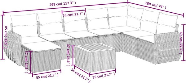 VidaXL 9 db fekete polyrattan kerti kanapégarnitúra párnákkal
