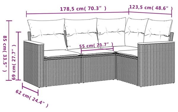VidaXL 4 db szürke polyrattan kerti kanapégarnitúra párnákkal