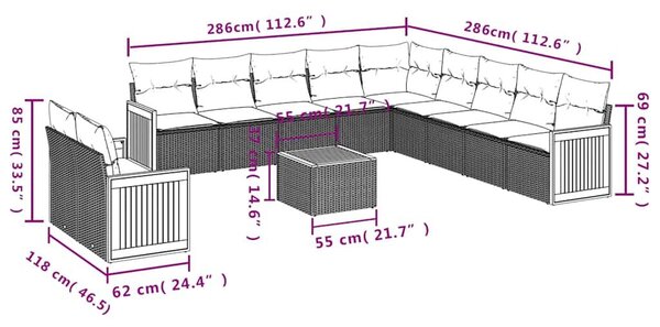 VidaXL 12 db fekete polyrattan kerti kanapégarnitúra párnákkal