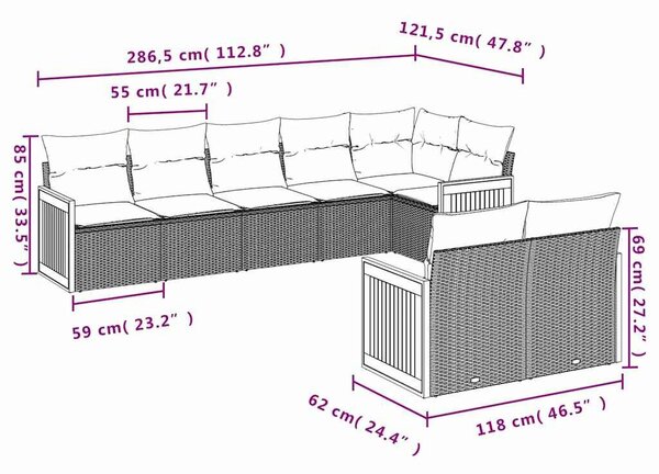 VidaXL 8 db fekete polyrattan kerti kanapégarnitúra párnákkal