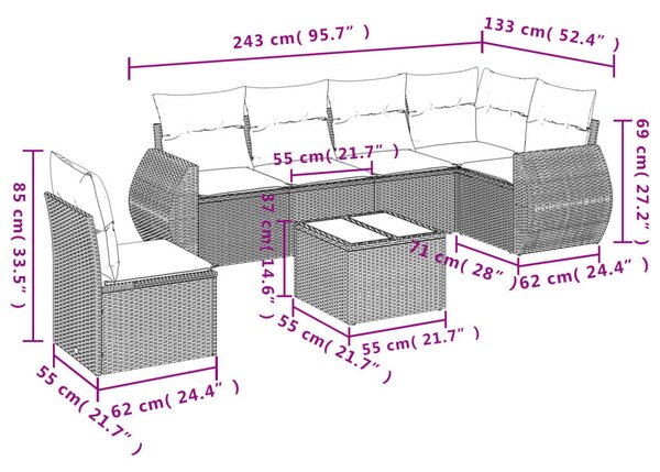 VidaXL 7 db barna polyrattan kerti kanapégarnitúra párnákkal