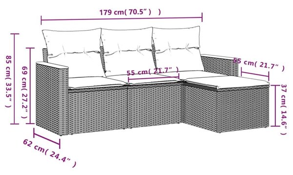 VidaXL 4 db fekete polyrattan kerti kanapégarnitúra párnákkal