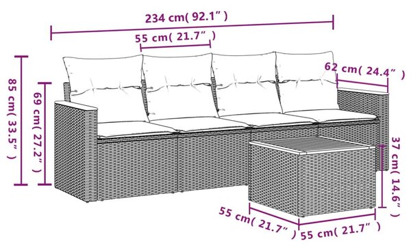 VidaXL 5 db fekete polyrattan kerti kanapégarnitúra párnákkal