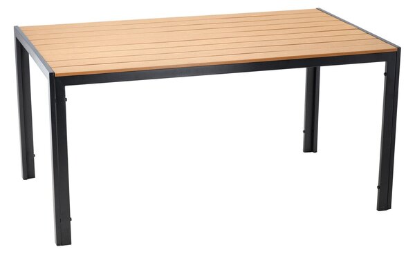 Kerti asztal, acél váz, polywood fa hatású lap, 150x90x73 cm, fekete és természetes barna