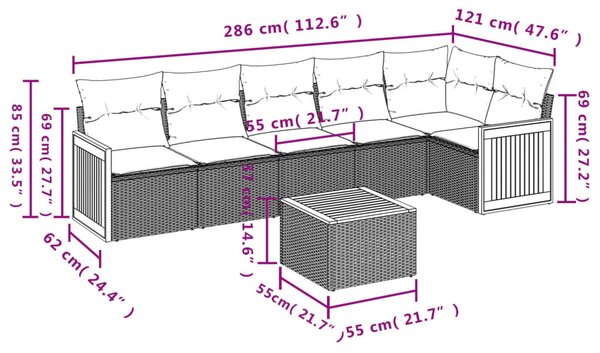 VidaXL 7 db fekete polyrattan kerti kanapégarnitúra párnákkal