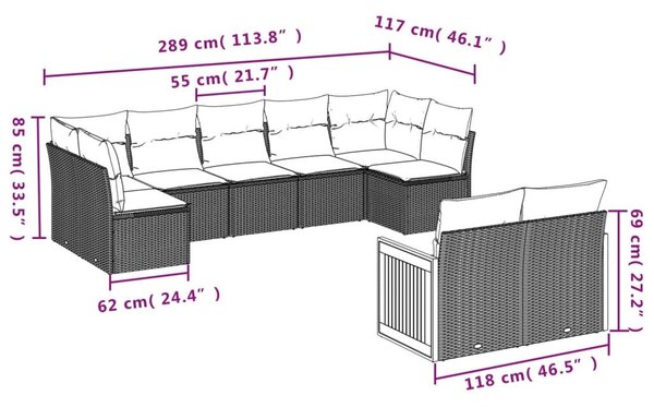 VidaXL 9 db szürke polyrattan kerti kanapégarnitúra párnákkal
