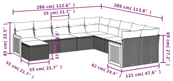 VidaXL 11 db szürke polyrattan kerti kanapégarnitúra párnákkal