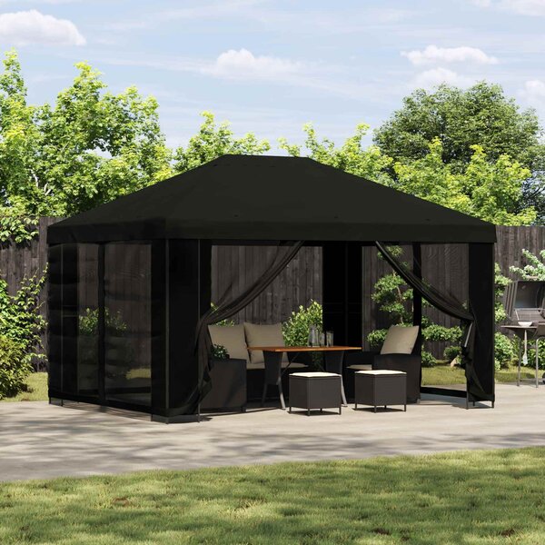 VidaXL Oldalfalas pavilon 4 × 3 m Fekete Poliészter és acél 190 gsm