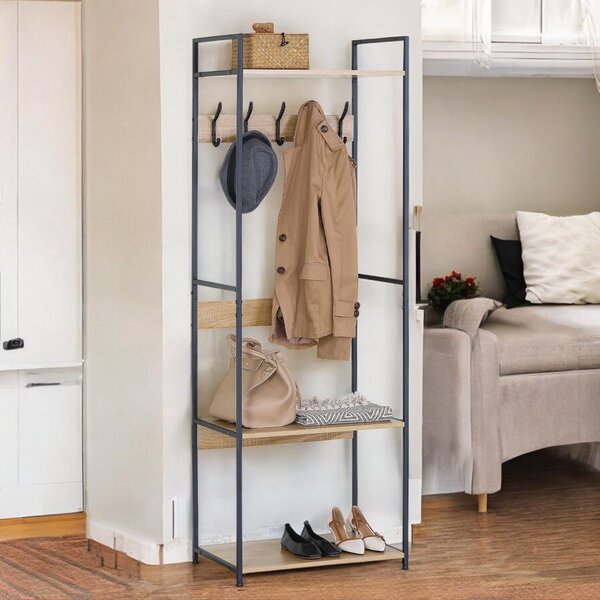 KÉSZLETKISÖPRÉS! Intenso Home nyitott ruhafogas 3db polccal 60 x 175cm fém lábakkal tölgy színben | Előszobai ruhatároló cipőtartóval / nyitott gardrób