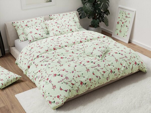 Krepp ágyneműhuzat FLORAL CREAM világoszöld Ágyneműhuzat mérete: 70 x 90 cm | 140 x 200 cm