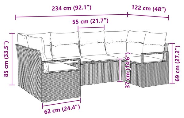 VidaXL Kanapé szett párnával, 6 db-os, fekete polirattan