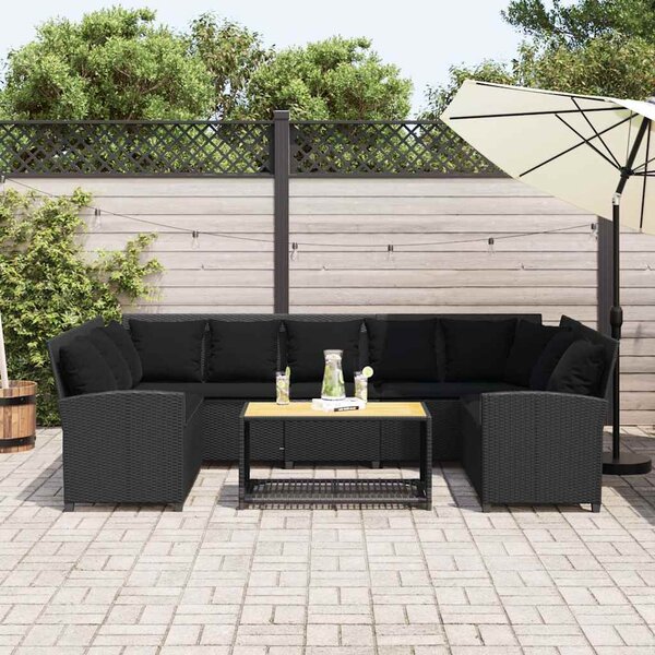 Fekete polyrattan kerti kanapé párnákkal