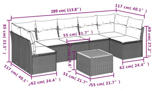 Polyrattan Kerti Ülőgarnitúra - 8 részes - Szürke