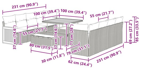 11 Darabos Kert Szófa Szett Párnákkal Szürke Poli Rattan Akác