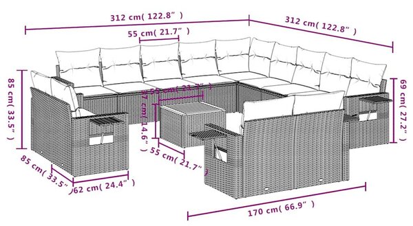 VidaXL 14 db szürke polyrattan kerti kanapégarnitúra párnákkal