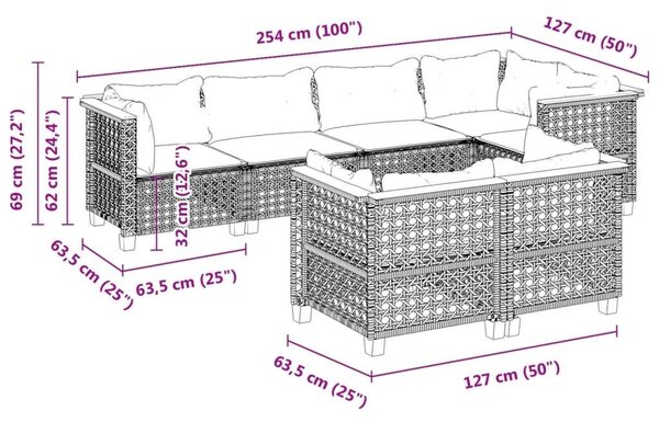 Polyrattan Kerti Ülőgarnitúra - 7 részes - Szürke