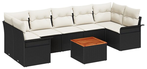 8 darabos Kerti Kanapé Szett Párnákkal Fekete Polyrattan Akácia, 2-fős Kerti Kanapé Tárolóval és Párnákkal Fekete Polyrattan