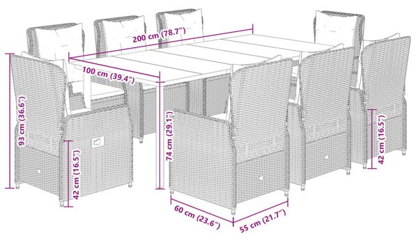 VidaXL 9 részes szürke polyrattan kerti étkezőgarnitúra párnával