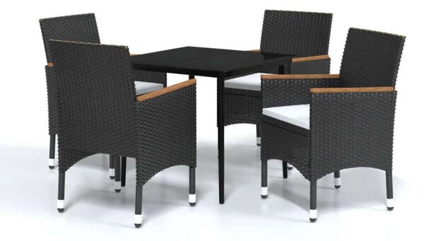 Rattan Kerti Étkezőgarnitúra - 5 részes - Fekete