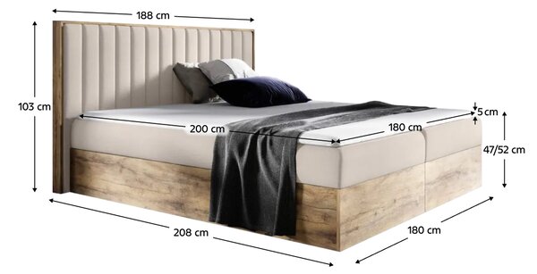 KONDELA Boxspring ágy, 180x200, bézs Paros szövet/lancelot tölgy, WOOD 4