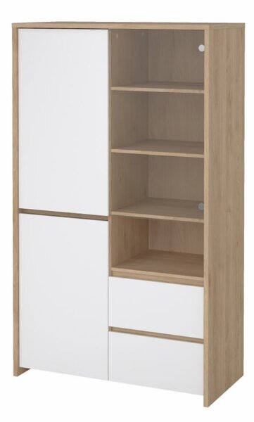 KONDELA Vitrin, hickory tölgy/extra magasfényű fehér, NEXT 50317