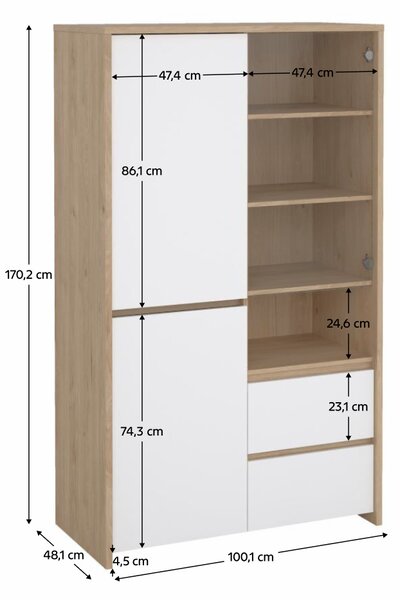 KONDELA Vitrin, hickory tölgy/extra magasfényű fehér, NEXT 50317