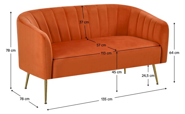 KONDELA Design kétszemélyes kanapé, terrakotta Velvet szövet/gold króm-arany, BAGY
